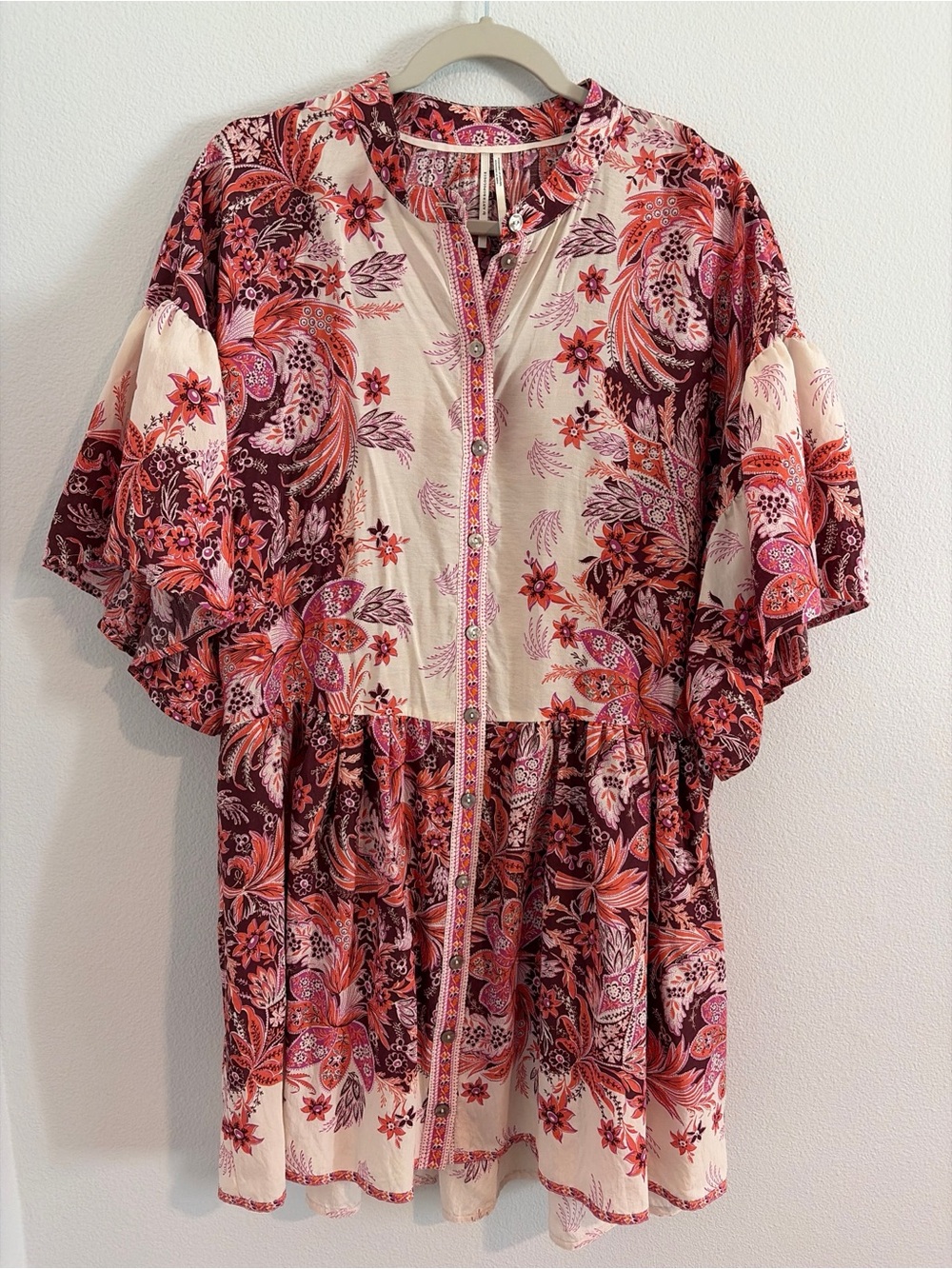 Anthropologie Dress S Tunic Mini Floral Boho Peasant Flowy Resortwear Pink